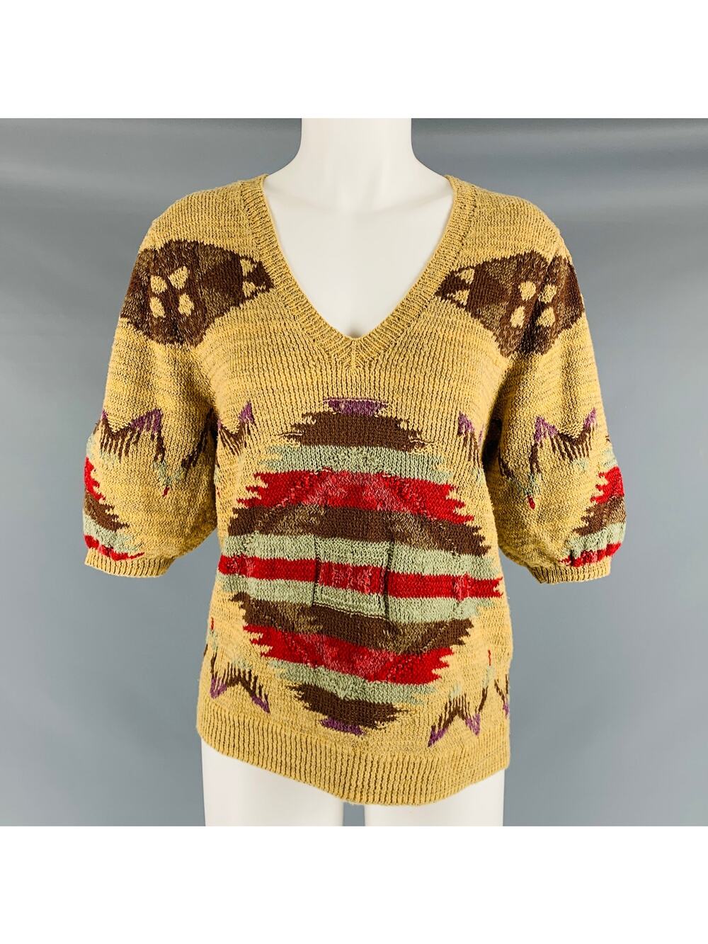 RALPH LAUREN Size L Multi-Color Linen Blend Knitted V-Neck Casual Top
